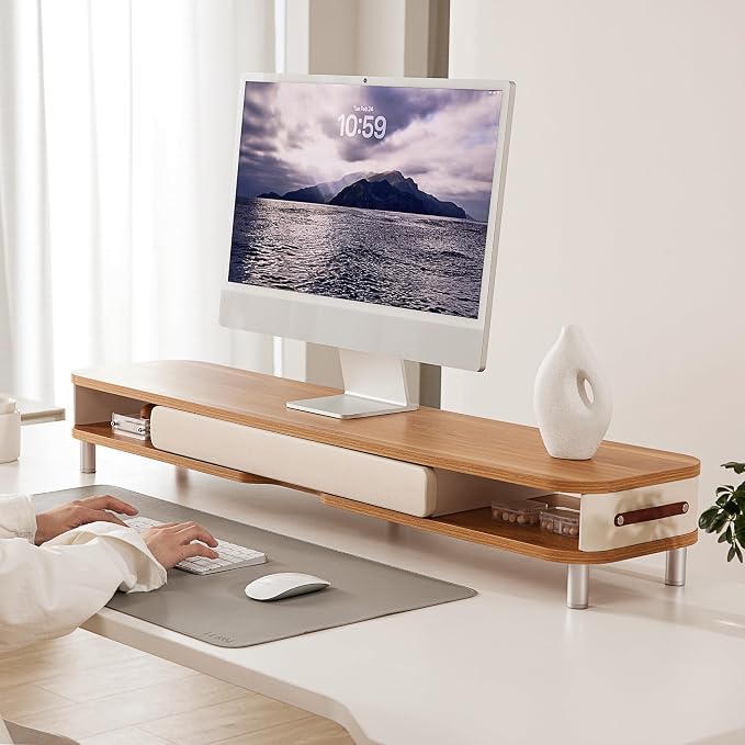 Fenge Dual Monitor Stand with Large Storage Drawer, 42.5" Dsek Shelf, Oak | Slide-Out Drawer with Soft Touch Leather, Ergonomic Monitor Riser, Aluminum leg, 2-Tier Desk Organizer for Laptop, TV, PC