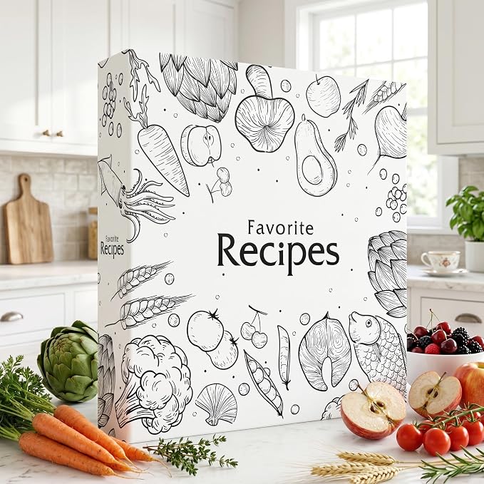 CraftSaints Recipe Binder 8.5x11, 3 Ring DIY Cookbook Kit 12 Dividers & 25 Plastic Sleeves & 25 Recipe Pages & 36 Labels, Recipe Books Binder, Recipe Organizer Binder Kit, Recipe Book (White)