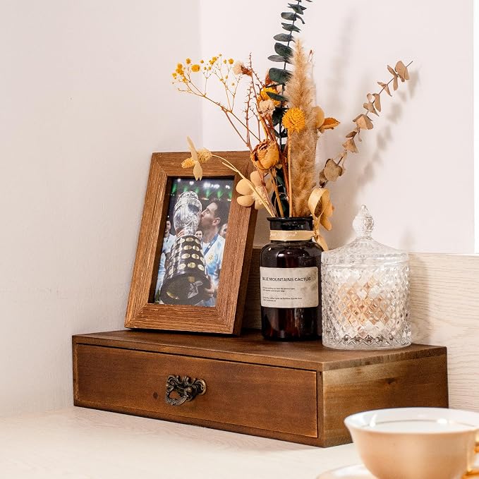 Office Desk Organizer with Drawers Light Brown Vintage Wood Desktop Storage Box Workspace School Supplies Farmhouse Kitchen Countertop Organizer Makeup Storage Box for Home Toiletries Supplies Vanity