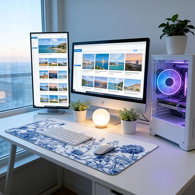 Floral Aesthetic Lotus Gaming Mouse Pad, White Blue Chinoiserie Desk Mat with Anti-Slip Base & Stitched Edges,35.4" x 15.7" in Table Mat for Computer Desktop, Beautiful Workstation Decor