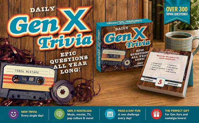 Daily Gen X Trivia 2027 Desk Calendar: Boxed Page-a-Day Nostalgia Quiz Calendar with Day-to-Day Pop Culture, Music, Movies & Throwback Challenges