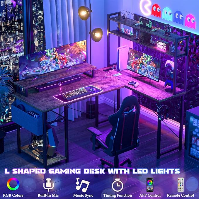 Aheaplus Small L Shaped Gaming Desk with LED Lights & Power Outlets, Reversible L-Shaped Computer Desk with Monitor Stand & Storage Shelf, Corner Desks Home Office Desk with Storage Bag, Rustic Brown