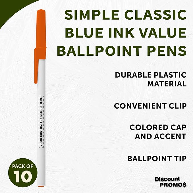 DISCOUNT PROMOS Custom Value Stick Pens Set of 10, Personalized Bulk Pack - Blue Ink, Great for Office, School, Business, Tradeshows, Events - Orange Cap
