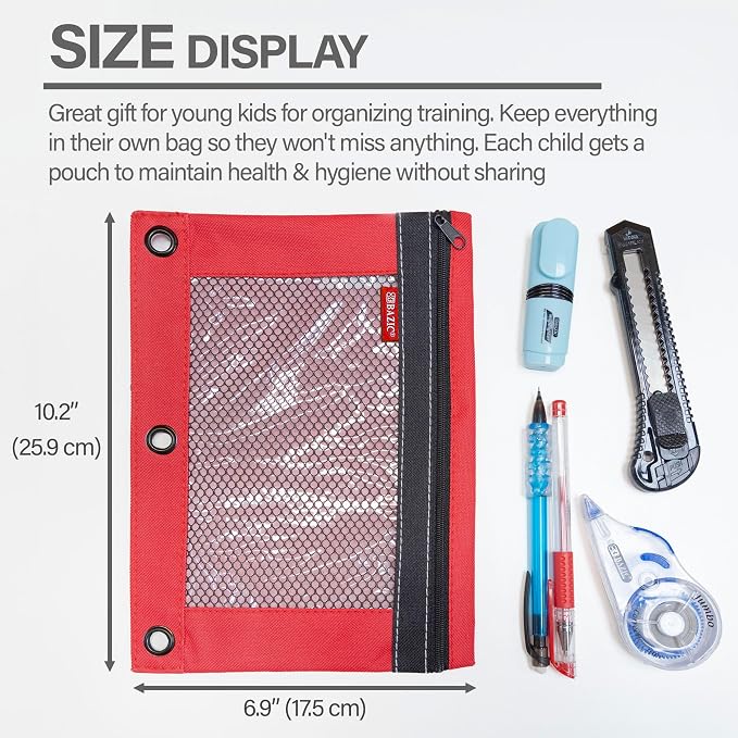 BAZIC Products 3-Ring Pencil Pouch with Clear Mesh Window, 24-Box | clear mesh window and a zipper closure for pens, pencils, supplies