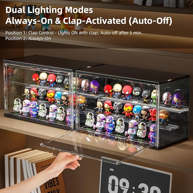 Acrylic Display Case for Collectibles with LED Light, 3 Layer Adjustable Figure Display Case with Magnetic Door, Lighted Display Box Stackable Clear Blind Box for Action Figure, Popmart, 1 Pack, Black