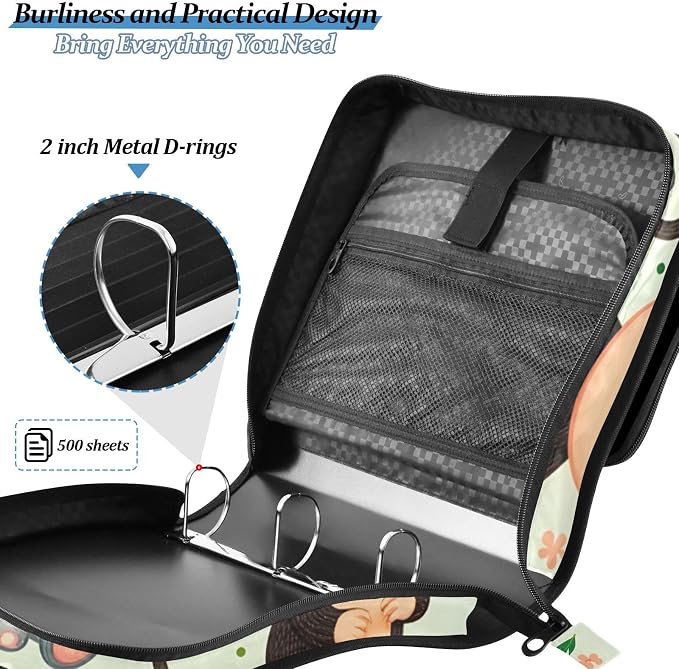 3 Ring Zipper Binder with Shoulder Strap Jungle Animals Palm Leaf 2 Inch Zippered Binder Bag 500 Sheet Capacity Multi Pockets for School Supplies
