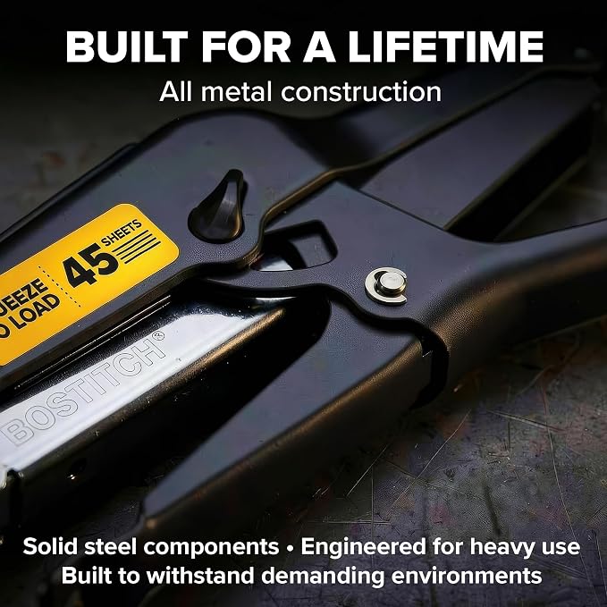 Bostitch B8 Heavy Duty Plier Stapler, 2-45 Sheet Capacity, No-Jam Technology, All-Metal Construction, Full Strip 210 Staple Capacity, Uses 1/4” & 3/8” B8 PowerCrown Staples, Black