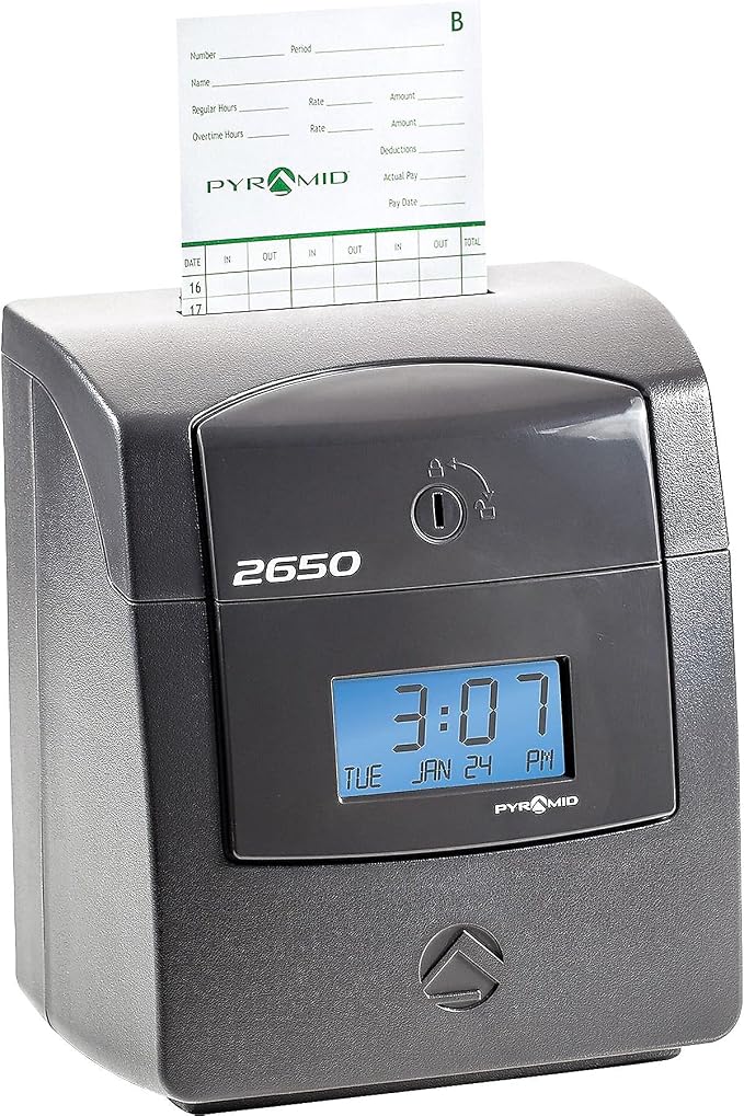 Pyramid Time Systems - 2650 Pro Auto Aligning Time Clock - Charcoal | Bundle Includes 25 Time Cards, Ribbon and 2 Security Keys (5"h x 7.25"w x 8.5"d)
