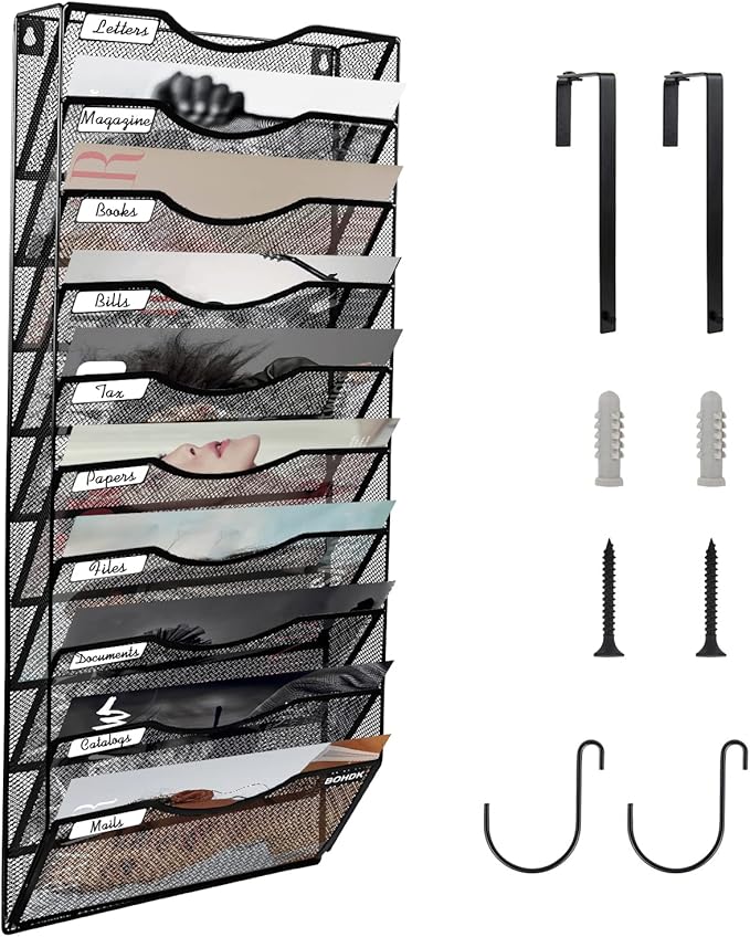 BOHDK Wall File Organizer, 10 Tire Hanging File Folder Mail Organizer, Vertical Mesh Metal Door/Wall Mount Hanging File Holder, Paper Document Magazine Rack with Hooks for Home Office Black