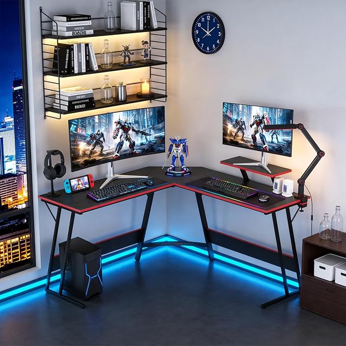 FDW L Shaped 51 Inch Gaming Desk,Corner Computer Desk,PC Gaming Desk,Writing Workstation with Large Monitor Stand for Home Office,Dark Black