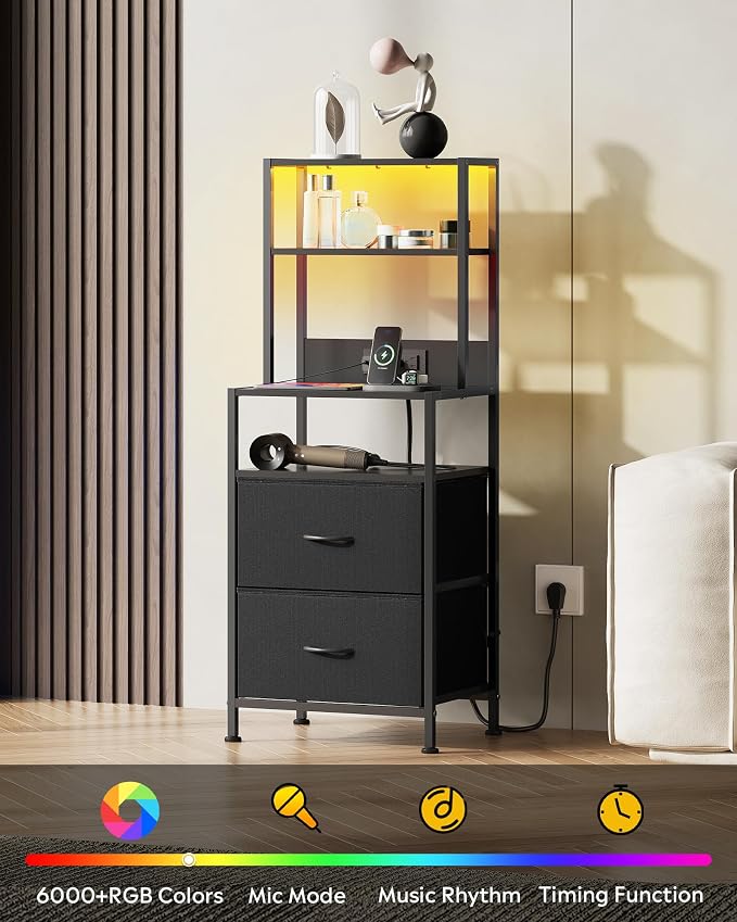 WLIVE Nightstand Set of 2 with Charging Station, LED Night Stand Sets with 2 Drawers and 4 Storage Open Shelves, Fabric Dressers for Bedroom, Black