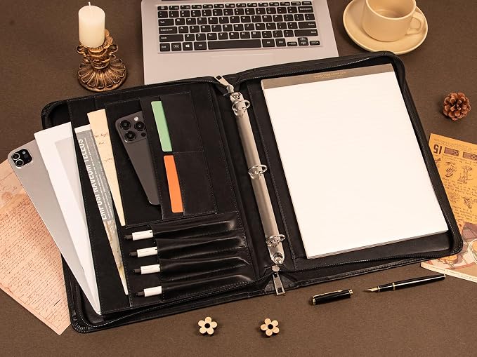 AZXCG Leather Padfolio for Men,Zippered Padfolio with 3 Ring Binder,Business Portfolio Organizer with A4 Writing Pad Holder, Portfolio Binder for Meeting,Business,School,Work