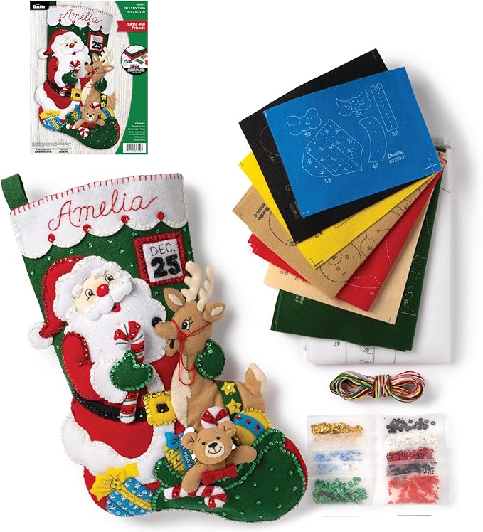 Bucilla Felt Applique 18" Stocking Making Kit, Santa and Friends, Perfect for DIY Arts and Crafts, 89330E