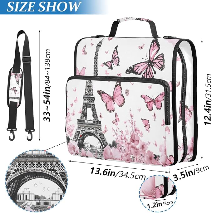 MNSRUU 3 Ring Binder Bag, 2 Inch D-Rings Easily Organizes 1 Inch Fits Letter Sized Paper, Eiffel Tower Butterflies Large 3 Hole Zipper Binder Organizer for School Office Supplies