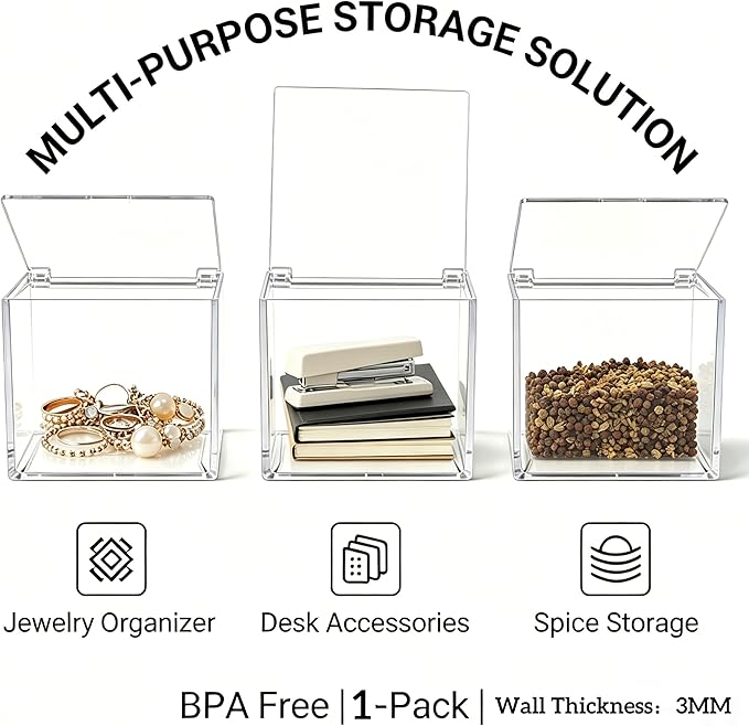 KissYou Acrylic Boxes with Hinged Lid Clear Lucite Boxes Acrylic Display Box for Gifts Treats Candies & Accessories, Plastic Storage Boxes