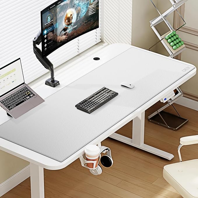 Cacoy Leather Desk Blotter Pad, 47.2" x 15.7" Oversized Mouse Pad XXL, Extended Computer Mouse Mat, Desk Writing Pad for Office, Home, Gaming (White)