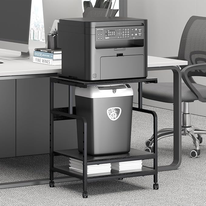 Arbuxzuy Large Printer Stand with Storage Shelf, 23.6" W x 18.9" D Printer Cart with Wheels, 3 Tier Mobile Printer Table for Home Office,Stands for Heat Press Scanner Fax (Black)