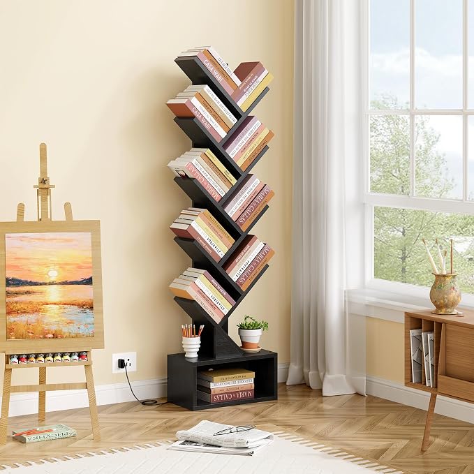 Hoctieon 9 Tier Tree Bookshelf, Tall Bookcase, Freestanding Book Shelf with LED Lights, Display Floor Standing Storage Shelf, Book Organizer Shelves for Home Office, Living Room, Black