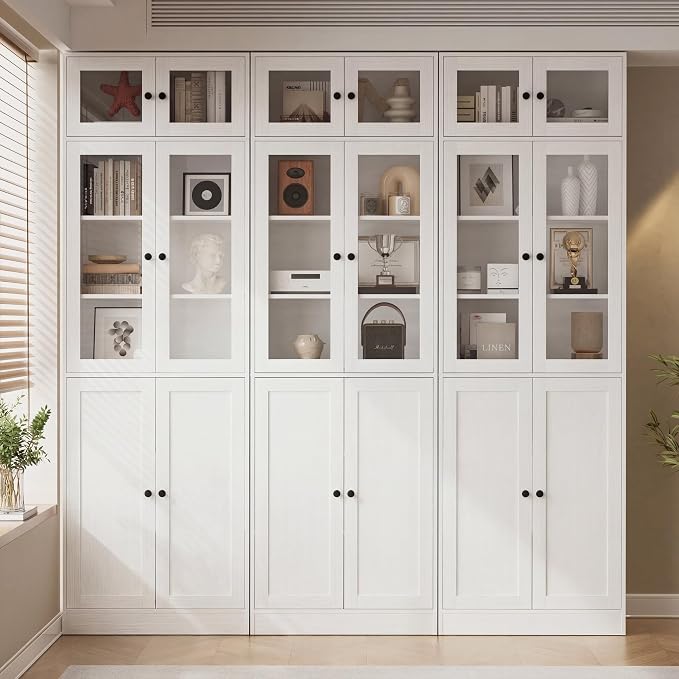 TUSY 85.5" Modern Tall Bookcase with Glass Doors, 7-Tier Wood Bookshelf with Storage for Home Office, Large Curio Cabinet for Living Room, Office, Bedroom, Family Room (White, B)
