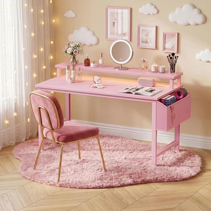 Lufeiya Girls Desk with Power Outlets and LED Lights, 40 Inch Gaming Desk Table with Charging Station, Home Office Computer Desks with Monitor, Pink