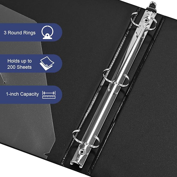 0.5-1-Inch 3-Ring-Binder with Pockets, Basic Binders 1-inch View Round Binders Holds US Letter Size 8.5'' x 11'' - Bundle Packs Perfect for Home, Office, and School (1'' - Black -12 Packs)