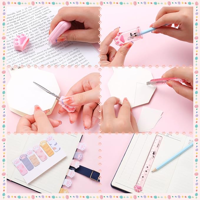 9 Pcs Cute Cat Paw Stationery Set Kawaii School Supplies Including Pencil Sharpener Retractable Eraser Correction Tape Sticky Notes Ruler Mini Scissors Utility Knife for Cat Lovers Students (Pink)