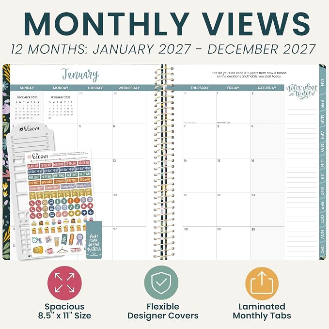 bloom daily planners 2027 Planner for Women (8.5" x 11") - Weekly & Monthly Calendar Year (January to December) Softcover Agenda Book Organizer with Stickers & Stencil - Be Kind