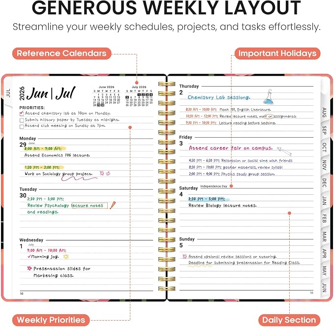 Taja Planner 2026-2027, Jul 2026-Jun 2027 Monthly & Weekly Calendar Book | 6.3" x 8.5", Hardcover Academic Calendar with Tabs, Teacher Student Agenda Book for School Office Supplies - Midnight Poppies