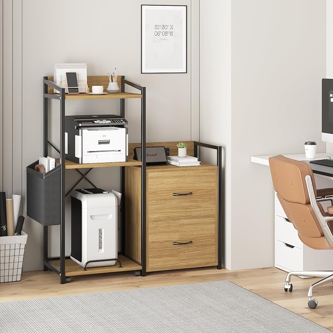 GarveeLife File Cabinet Furniture, Filing Cabinet with 2 Drawers, Rolling Printer Stand with Open Storage Shelves for Home Office, Printer Stand with Power Strip & LED Lights, 49.2" h, Natural