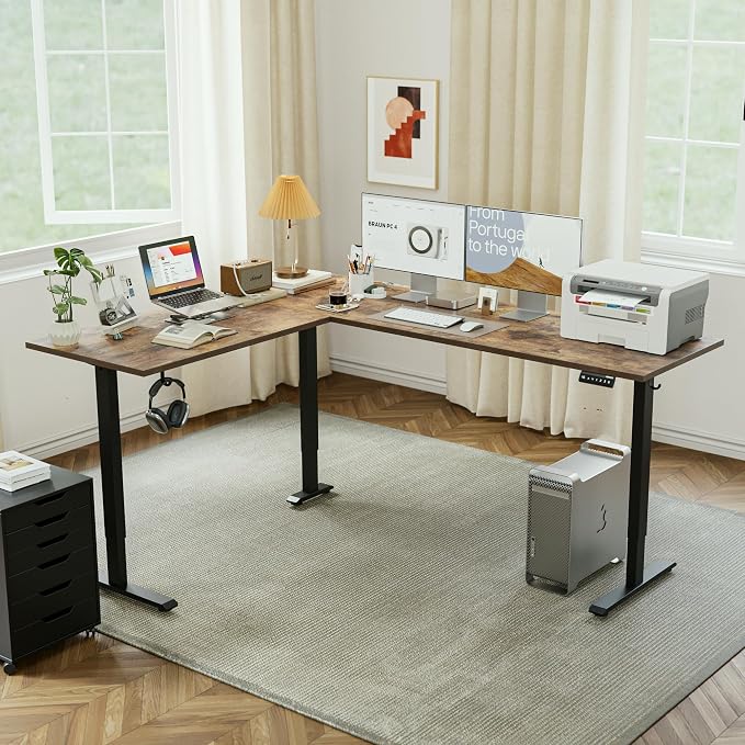 Agilestic 75 x 61 Inch L Shaped Electric Standing Desk, Rustic Brown | Corner Desk, Ample Workspace, Memory Presets, Hooks, Stable Steel Frame,176 lbs Capacity, Easy Assembly, Splice Board