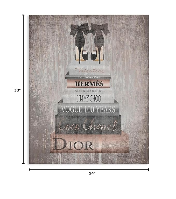 'Book Stack Heels Metallic Pink'| Canvas Art | Stupell Industries | 24 x 30 Inches, Easy to Hang and Sturdy, Made in USA, by Amanda Greenwood
