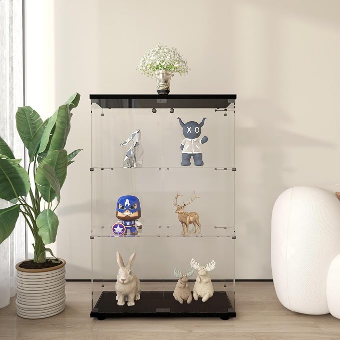 Frameless Glass Display Cabinet, Curio Cabinet with Lock and 2 Doors, Quick-Install Floor Standing Showcase Display Shelf for Collectibles, Legos, Figures, Plants