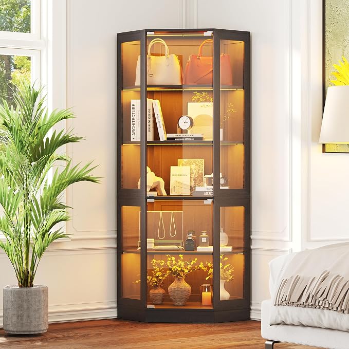 Corner Display Cabinet with Glass Doors, 5-Tier Curio Cabinets with RGB Lights, 71" Display Case with Wood Shelves for Collectibles, Black