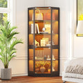 Corner Display Cabinet with Glass Doors, 5-Tier Curio Cabinets with RGB Lights, 71" Display Case with Wood Shelves for Collectibles, Black