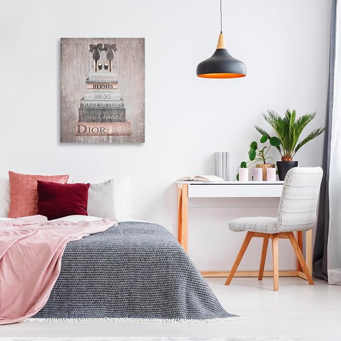 'Book Stack Heels Metallic Pink'| Canvas Art | Stupell Industries | 30 x 40 Inches, Easy to Hang and Sturdy, Made in USA, by Amanda Greenwood