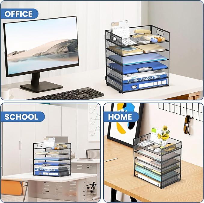 Daltack 6-Tier Paper Organizer for Desk with Handle, Black, 2 Pack | Sturdy Metal Mesh Organizer with Movable Middle Trays and a Carry Handle for Papers, Folders and Office Supplies