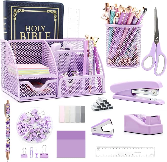 Purple Desk Organizers and Accessories,12Pcs Pink School Supplies for Girl | Office Supplies for Women Coworkers Students, Include Stapler, Pen Holder, Tape Holder, Scissors, Ruler, Staple Remover