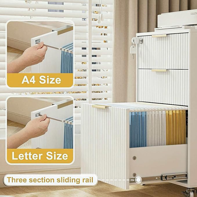 3 Drawers Fluted Mobile File Cabinet with Lock, Rolling File Cabinet Printer Stand Table, Under Desk Wooden Filing Cabinets for Home Office Essentials Storage Organization Furniture Letters/A4(White)