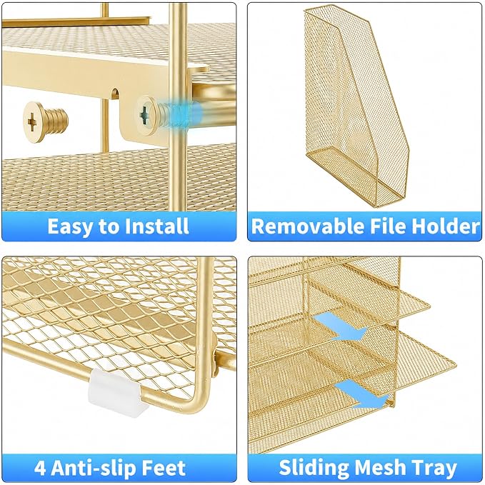 Desk Organizer, 5-Tier Paper Organizer Letter Tray, Gold | Desk Organizers and Accessories, Office Desk Accessories & Workspace Organizers, Desktop File Organizer for Office Supplies
