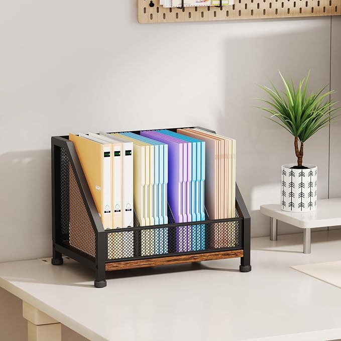 SWTYMIKI Desk Organizer - Paper Organizer, Mesh and Wood Desk Office Organizer, Office Organization and Binder Storage for Workspace, Home, School, Espresso