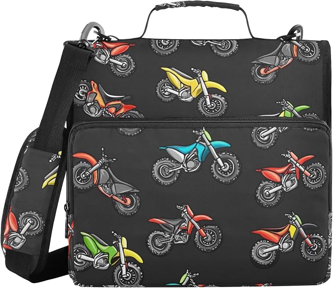 Fisyme Motocross Dirt Bike Black Zipper Binder 3 Ring with Zipper and Shoulder Strap Large Capacity Multi-Pocket Binder Organizer