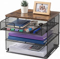 4-Tier Mesh Desk Organizer and Accessories with Drawer Wooden Top Desktop Organizers Letter Tray Paper Organizer File Holder for Home Office School Black