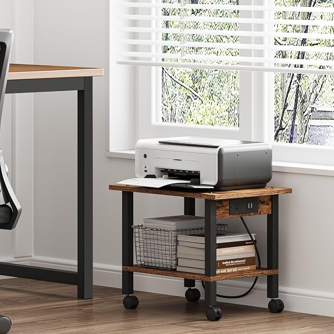 TUTOTAK Printer Stand, 2 Tier Rolling Printer Cart with Charging Station | Small Under Desk Printer Table with Wheels for Small Space, Office, Home, Brown PS01BB001P