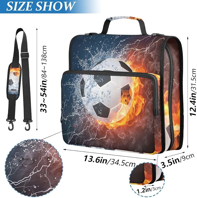 Water Fire Soccer Zipper Binder Bag 3 Ring Binder with Shoulder Strap Zip Up 500 Sheets Capacity Multi Pockets for School Office Supplies