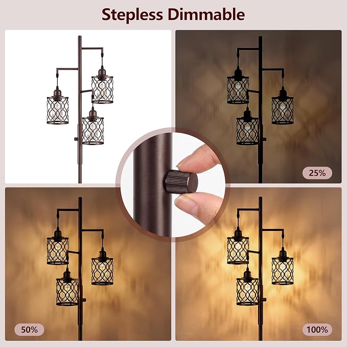 73" Dimmable Farmhouse floor lamps for living room, Industrial Tree Floor Lamp with 3 X 6W LED Bulbs, Stepless Dimming, Metal Cage Shades, 3 Light Rustic Standing Tall Lamp for Bedroom, Office, Brown