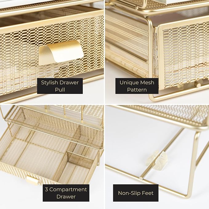 BLU MONACO | Gold Desk Organizer Set with Detachable File Organizer, Stackable Paper Tray & Storage Drawer | Stylish Gold Desk Accessories for Women & Office Organization