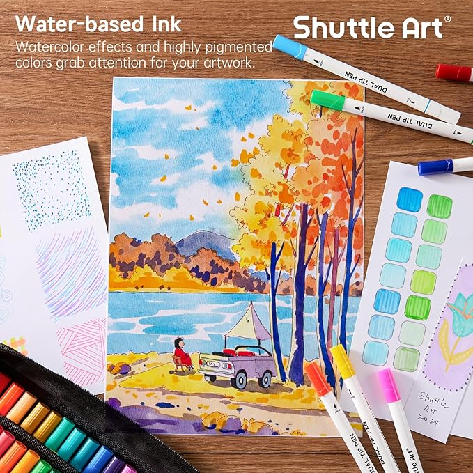 Shuttle Art Dual Tip Brush Pens, 70 Colors, Fine and Brush Dual Tip Markers Set, Portable Storage Case, Ideal for Calligraphy, Coloring, Doodling, Writing