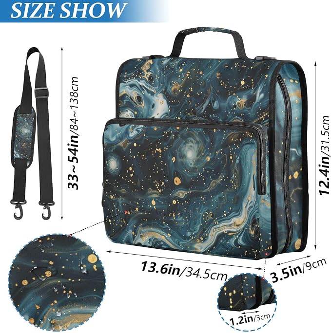 ALAZA Dark Blue Marble Zipper Binder 1.5 inch 3 Ring Binder Organizer with Shoulder Strap and Handle for Home Office Work