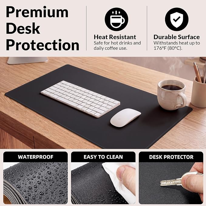AFIING Desk Mat, Black, 31.5" x 17", Cork Desk Pad Protector | Dual-Sided Cork & PU Leather, Waterproof, Non-Slip for Mouse Pad, Office, Home & Writing