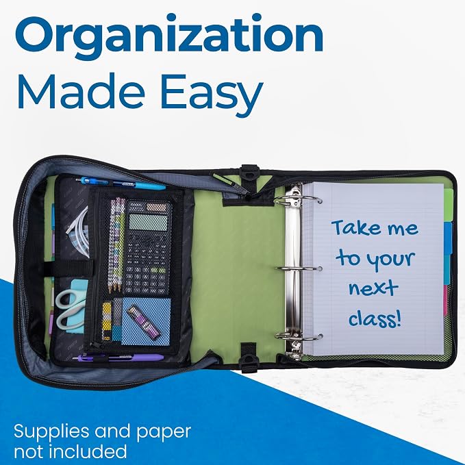 Case-it School Zipper Binder | 3-Inch O-Rings | 600-Sheet | D-146 Key Lime | Mighty Zip Tab, 5-Subject Expanding File Folder, Multiple Pockets, Storage Organizer, Shoulder Strap, Office